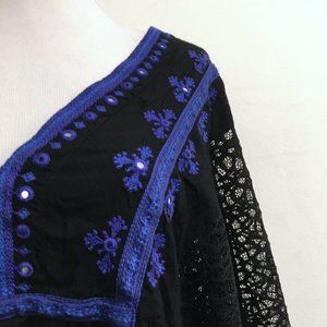 Free People lace black blue embroidered boogie top boho long sleeve M